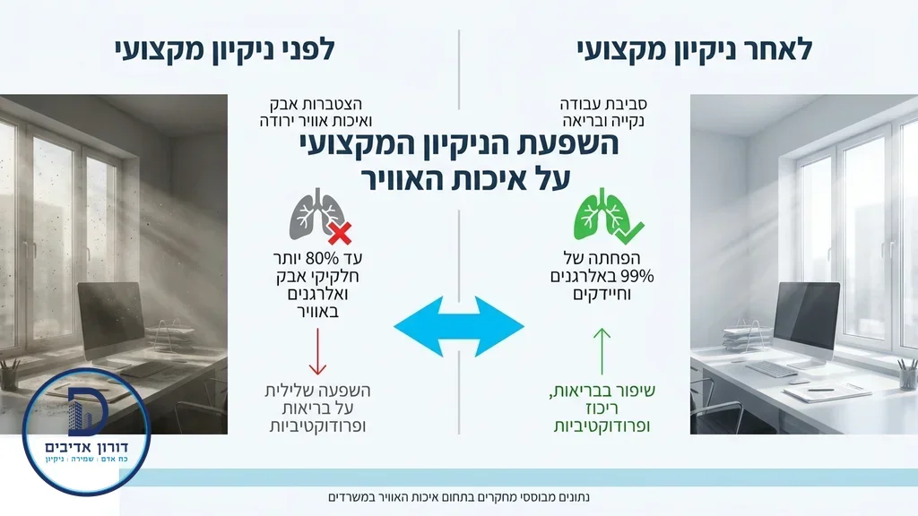משרד מואר באור שמש טבעי עם חלונות נקיים וללא אבק באוויר